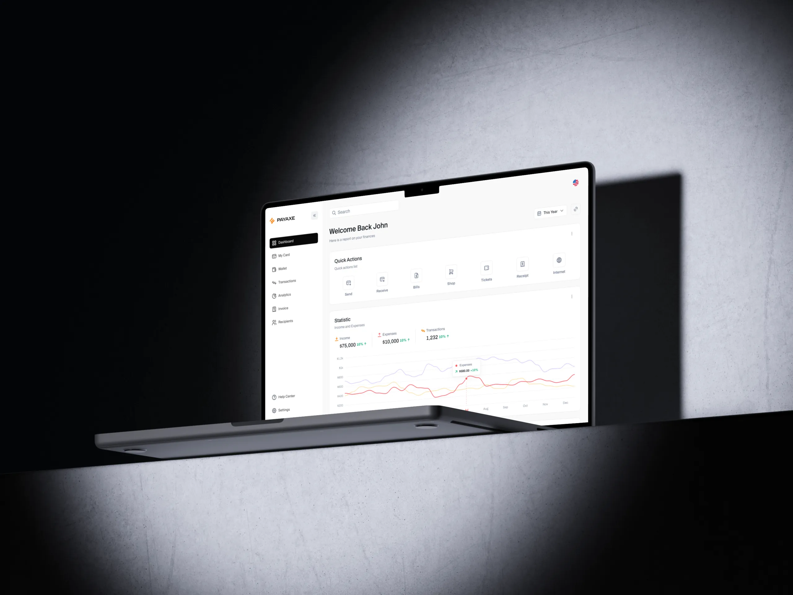 Laptop showing the PayAxe e-wallet cabinet dashboard